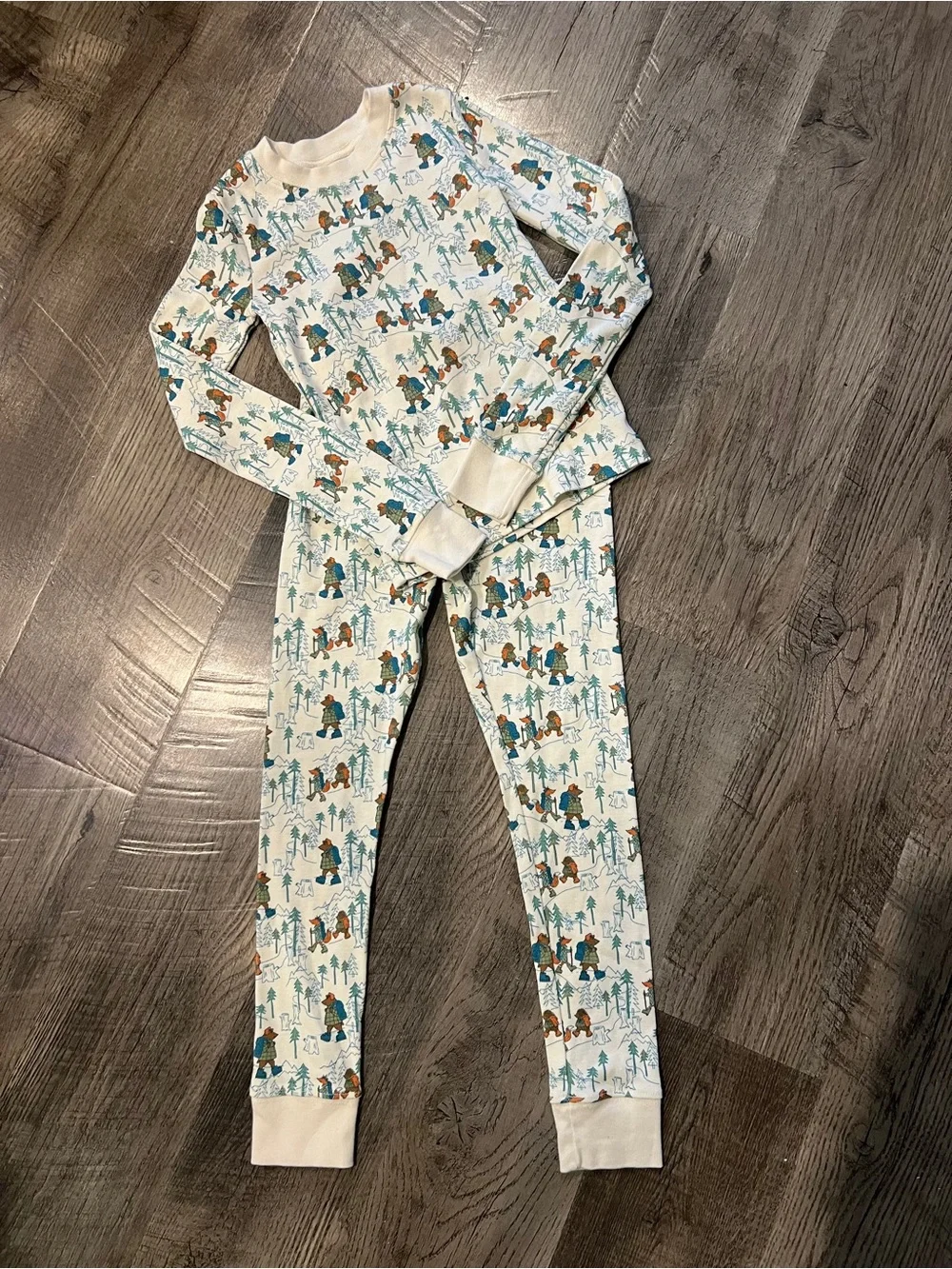 L.L. Bean Kids Cream Pajama Set with Teal and Brown Forest Print